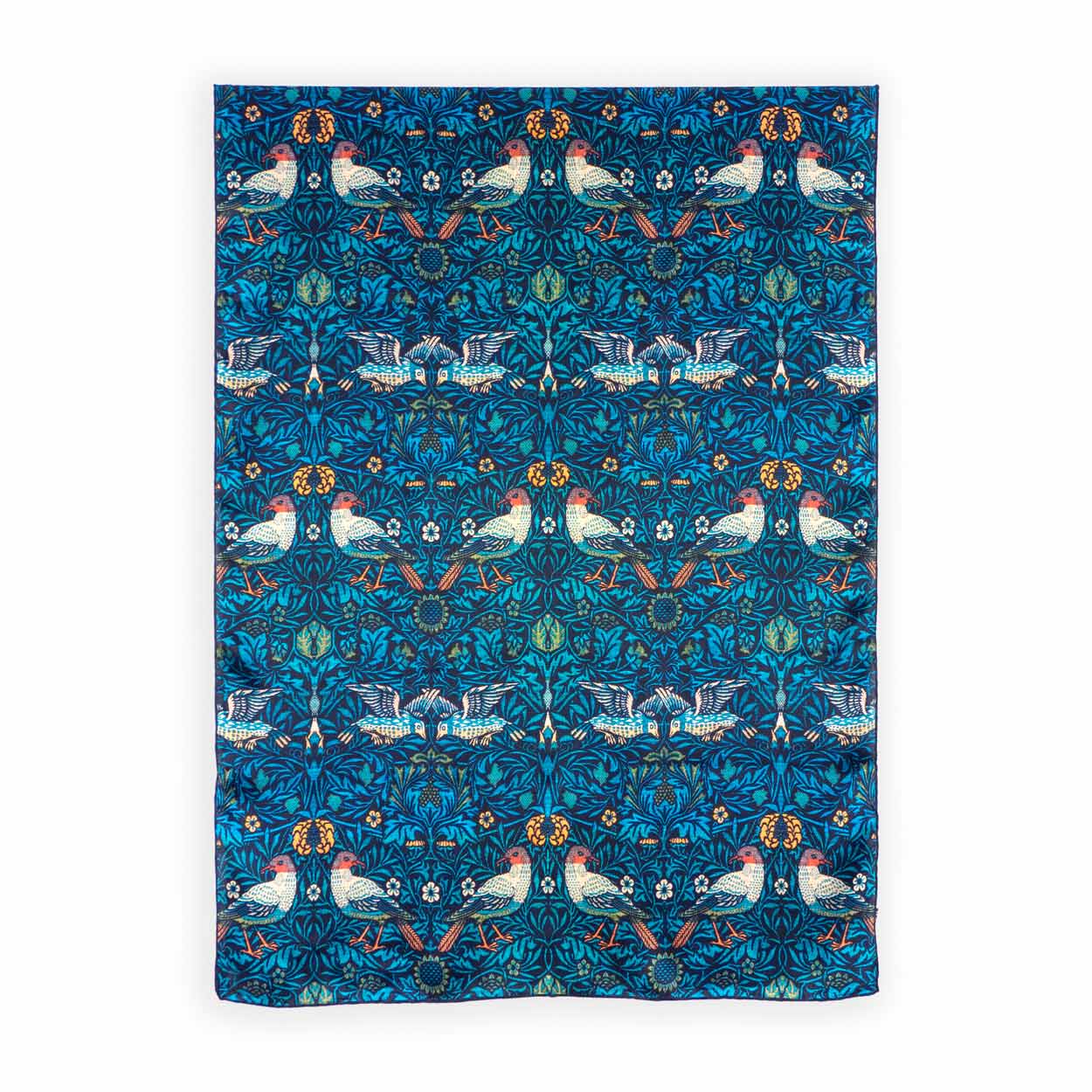 Long blue silk scarf with birds