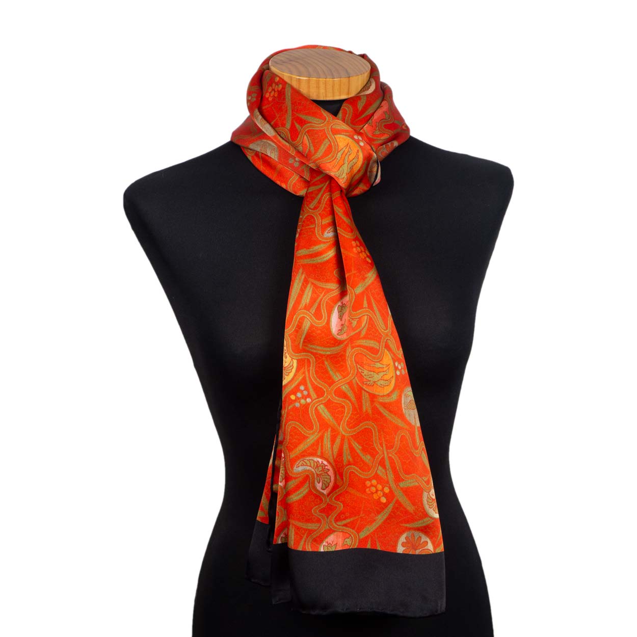 Red silk scarf with art nouveau inspired print