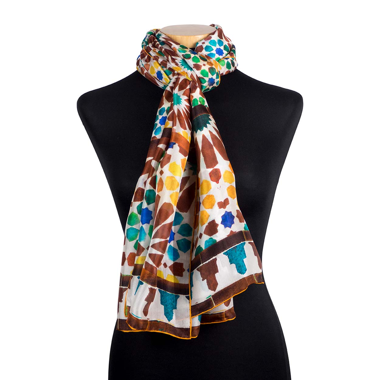 Yellow and brown silk scarf with geometric print inspired by Islamic art