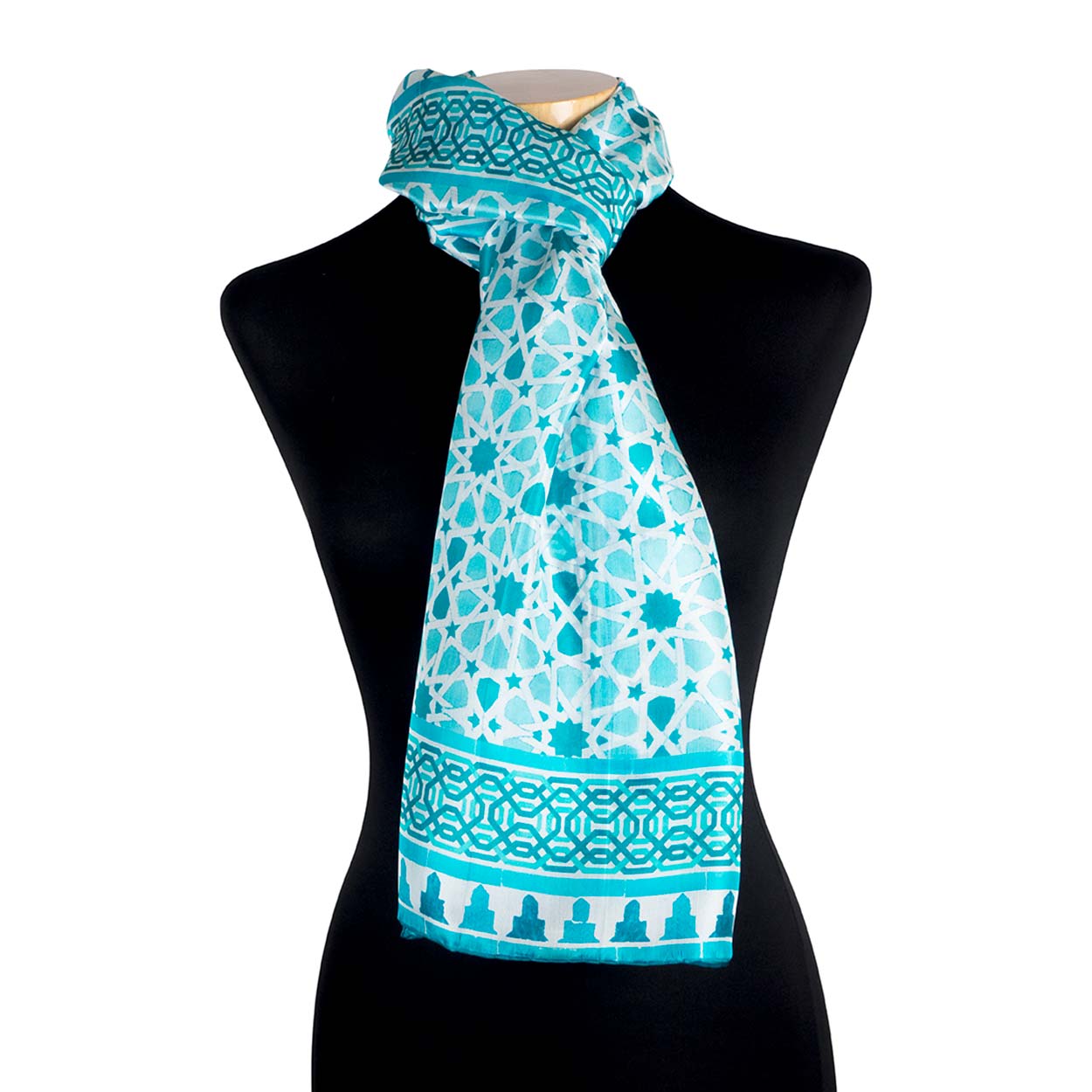 Blue silk scarf with geometric print inspired by Alhambra Tiles