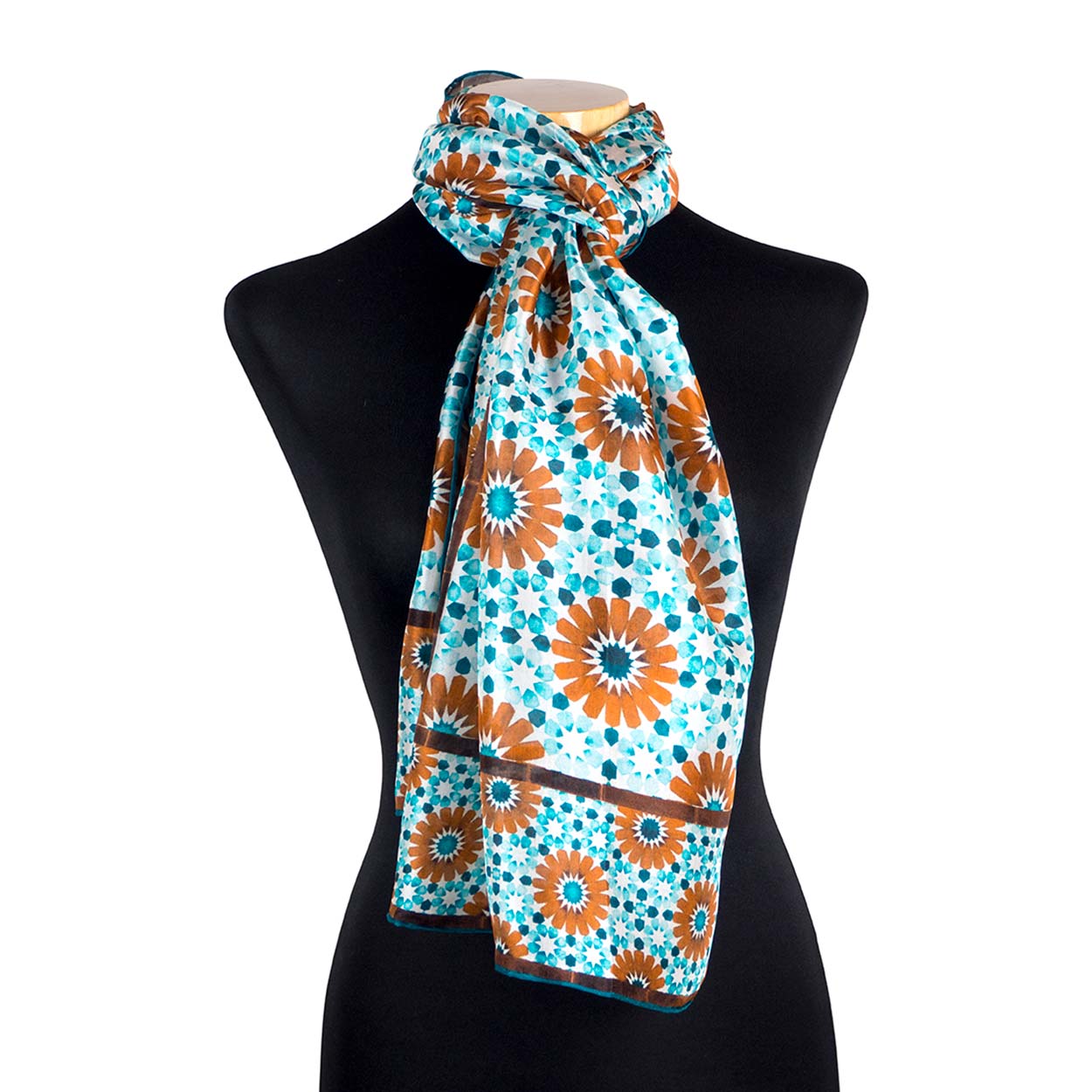 Blue and brown silk scarf featuring islamic art inspired print