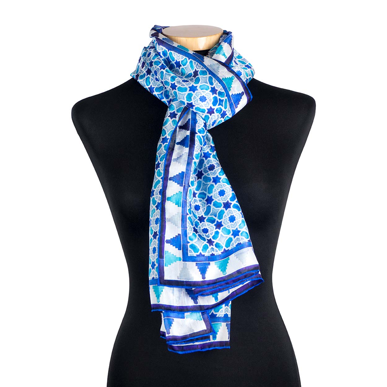 Blue and white silk scarf with geometric print inspired by Moorish Tiles