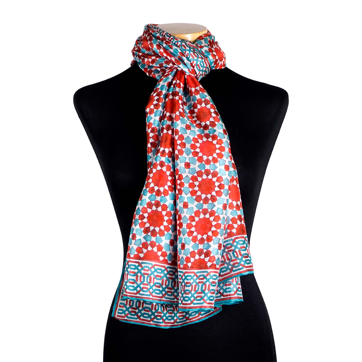 Red and blue silk scarf with geometric print inspired by Islamic Art