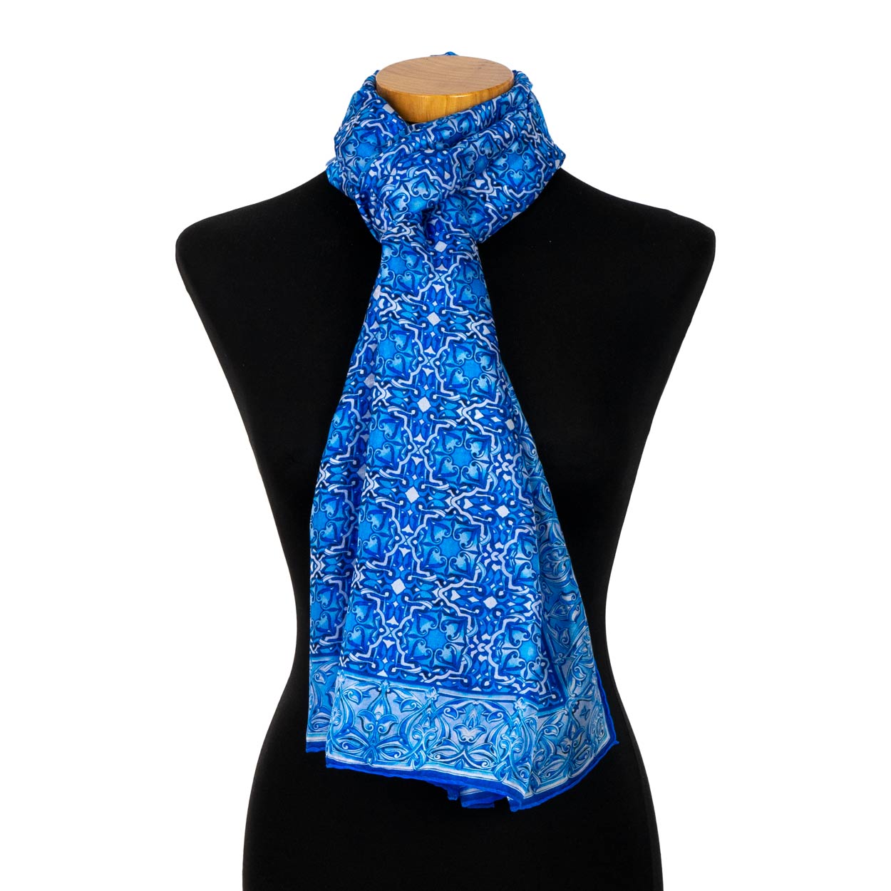 Blue silk scarf for neck inspired by Turkish traditional art