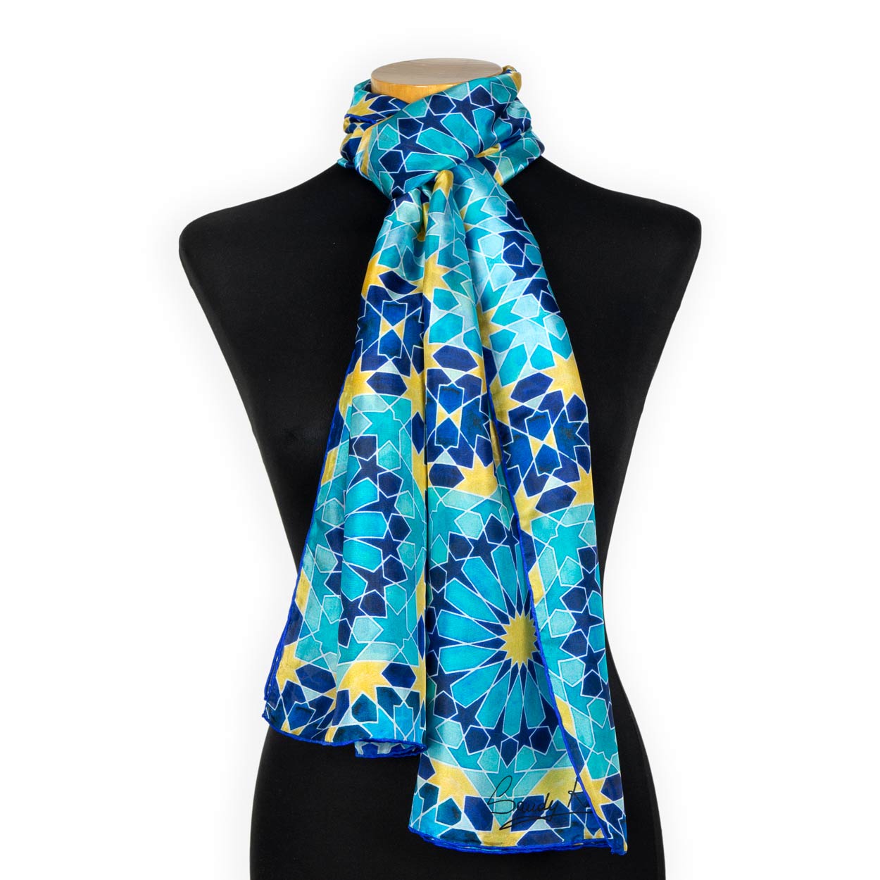 Blue and gold silk scarf designed by the talented islamic art artist Sandy Kurt