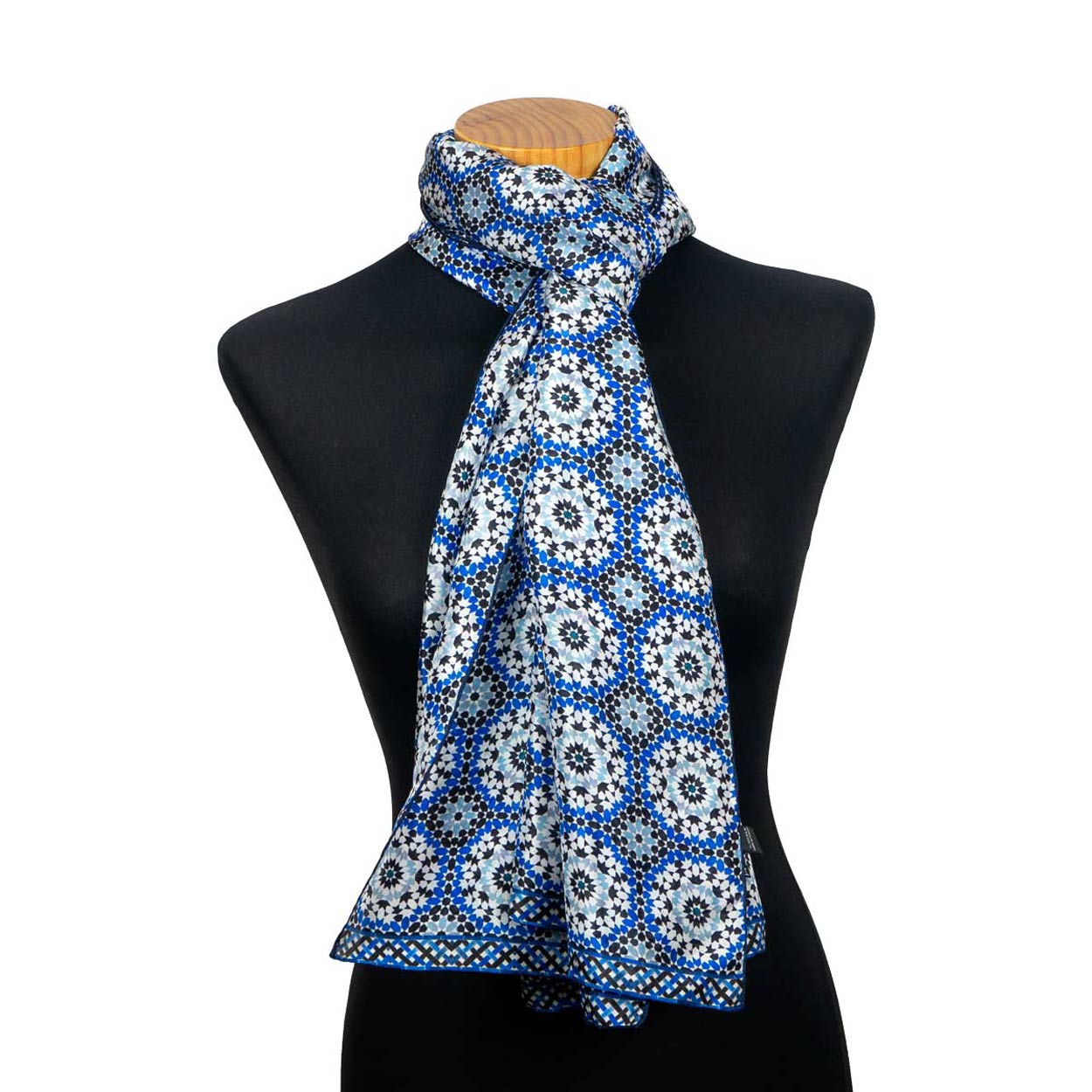 Blue and grey silk scarf with geometric print inspired by Moroccan tiles