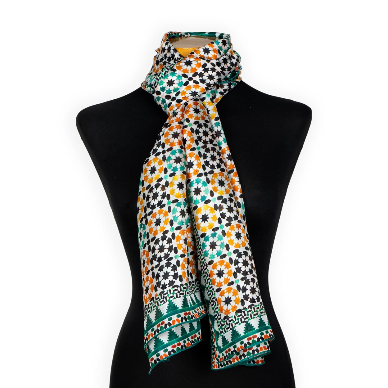 Green and orange silk scarf inspired by islamic geometry