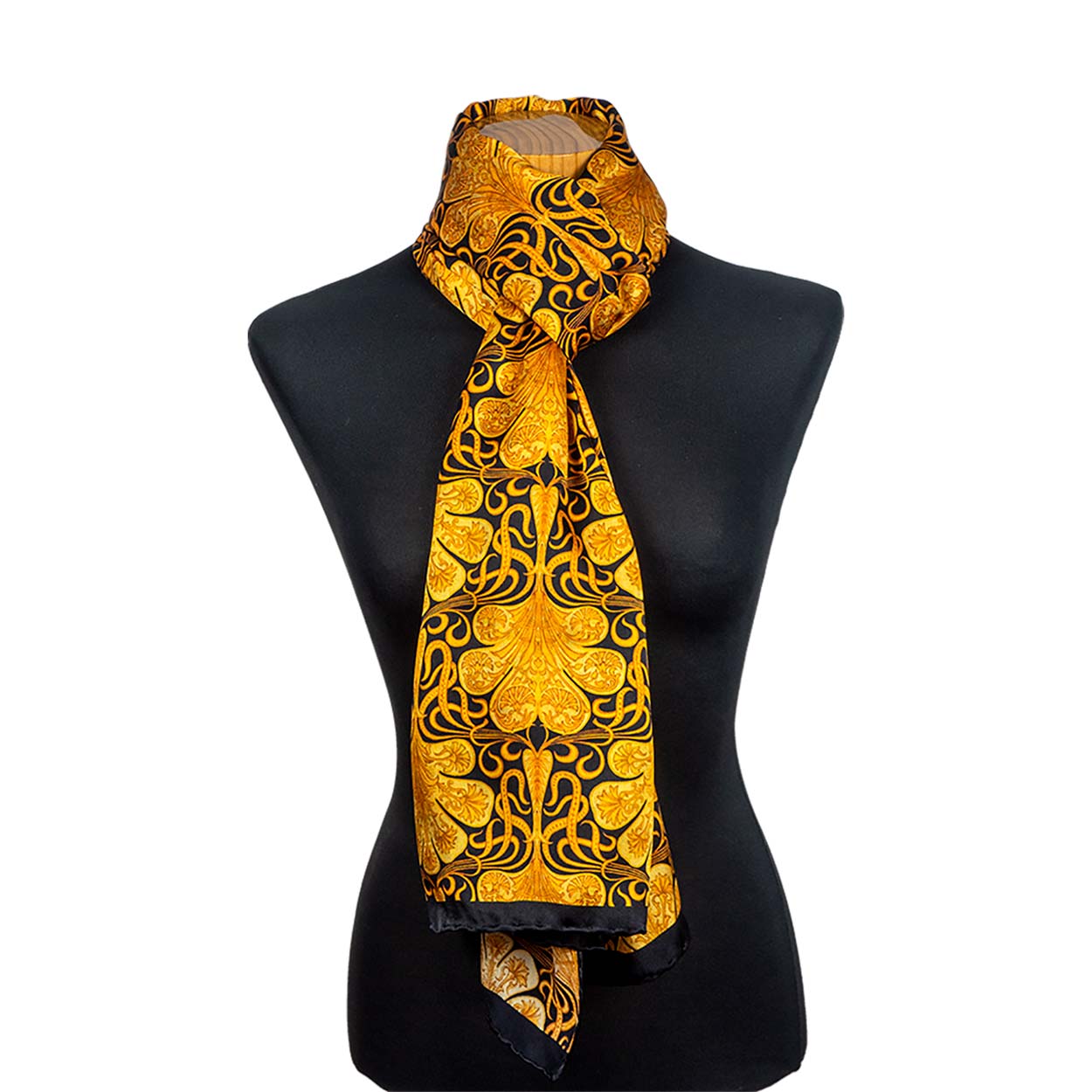 Black and gold silk scarf with art nouveau inspired print