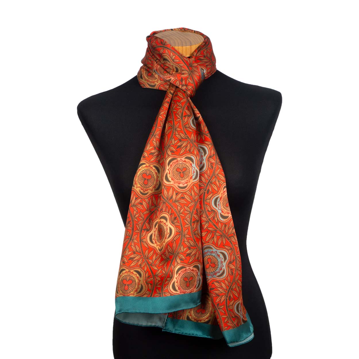 Red floral silk scarf featuring an art nouveau print