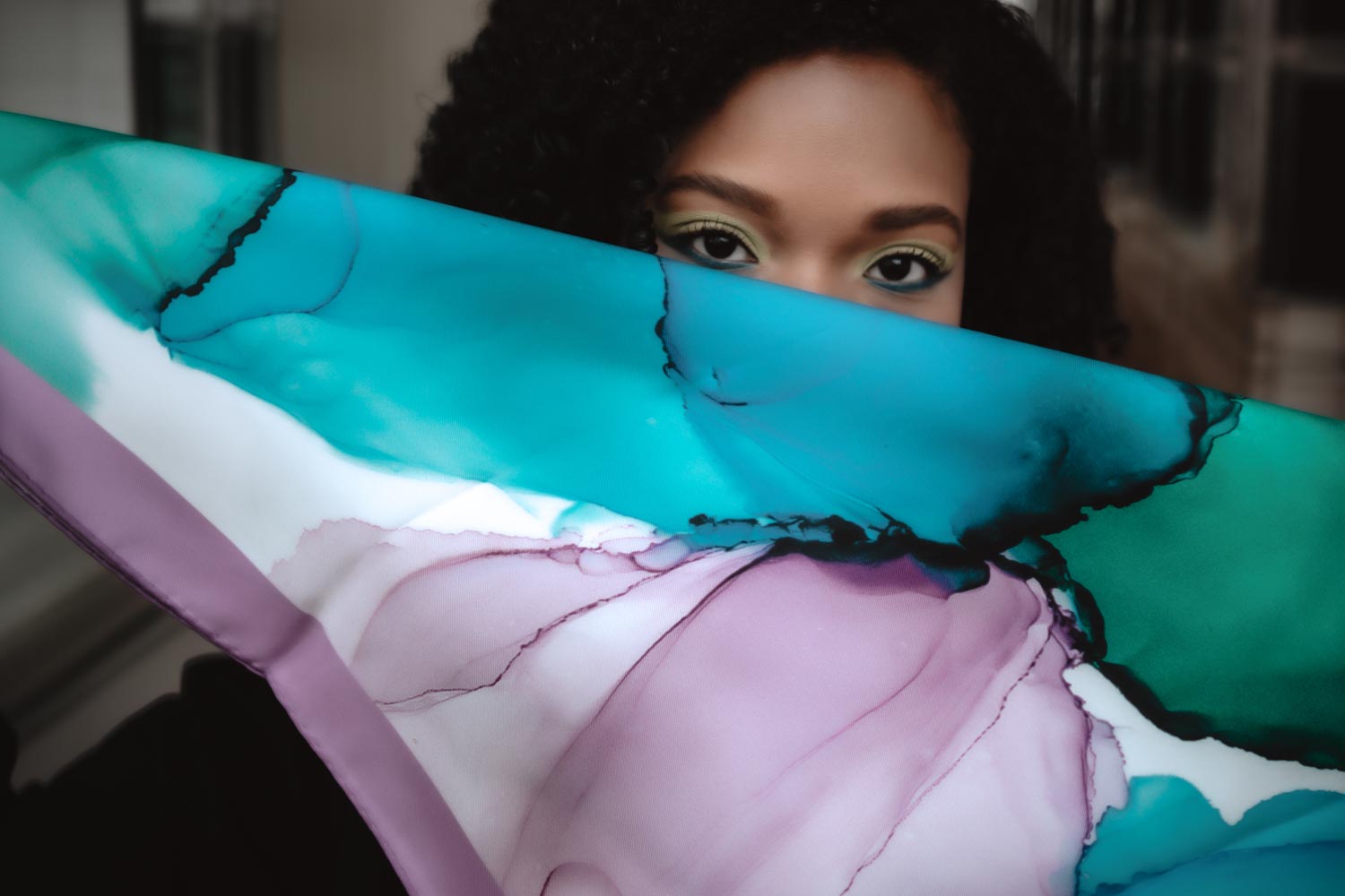 Women with purple silk scarf