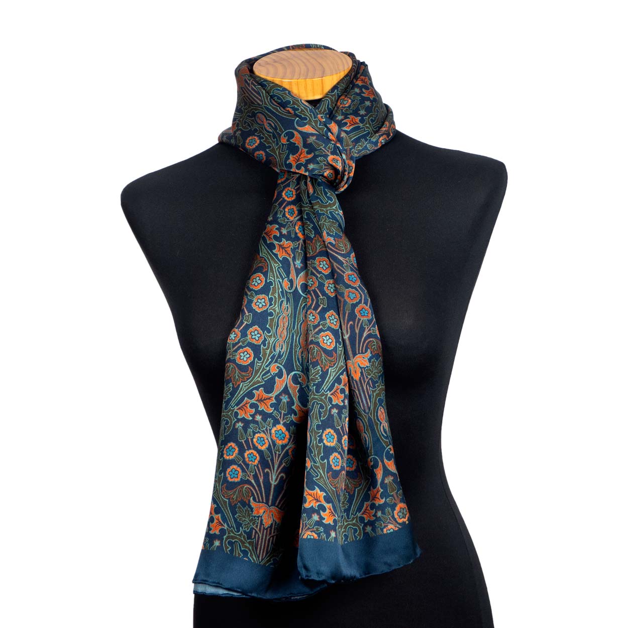 Ocean blue silk scarf with floral print art nouveau inspired print