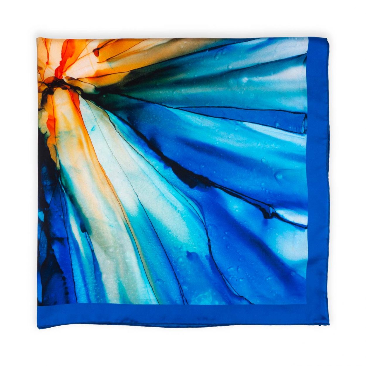 Blue and orange silk scarf with fluid art print