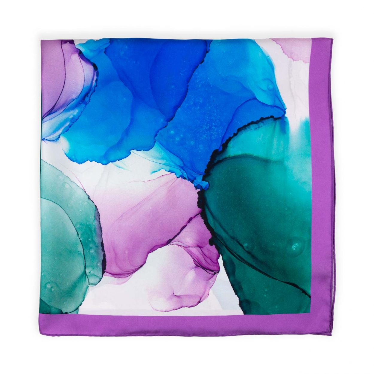 Fluid art square silk scarf with purple, blue and green colors