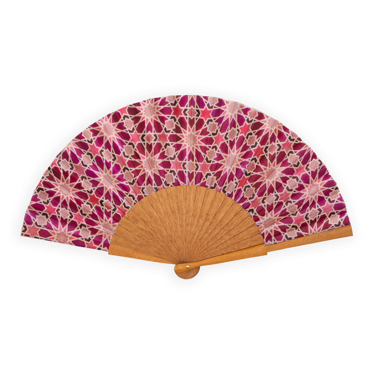 Pink silk fan inspired by islamic art tiles from the Alhambra of Granada