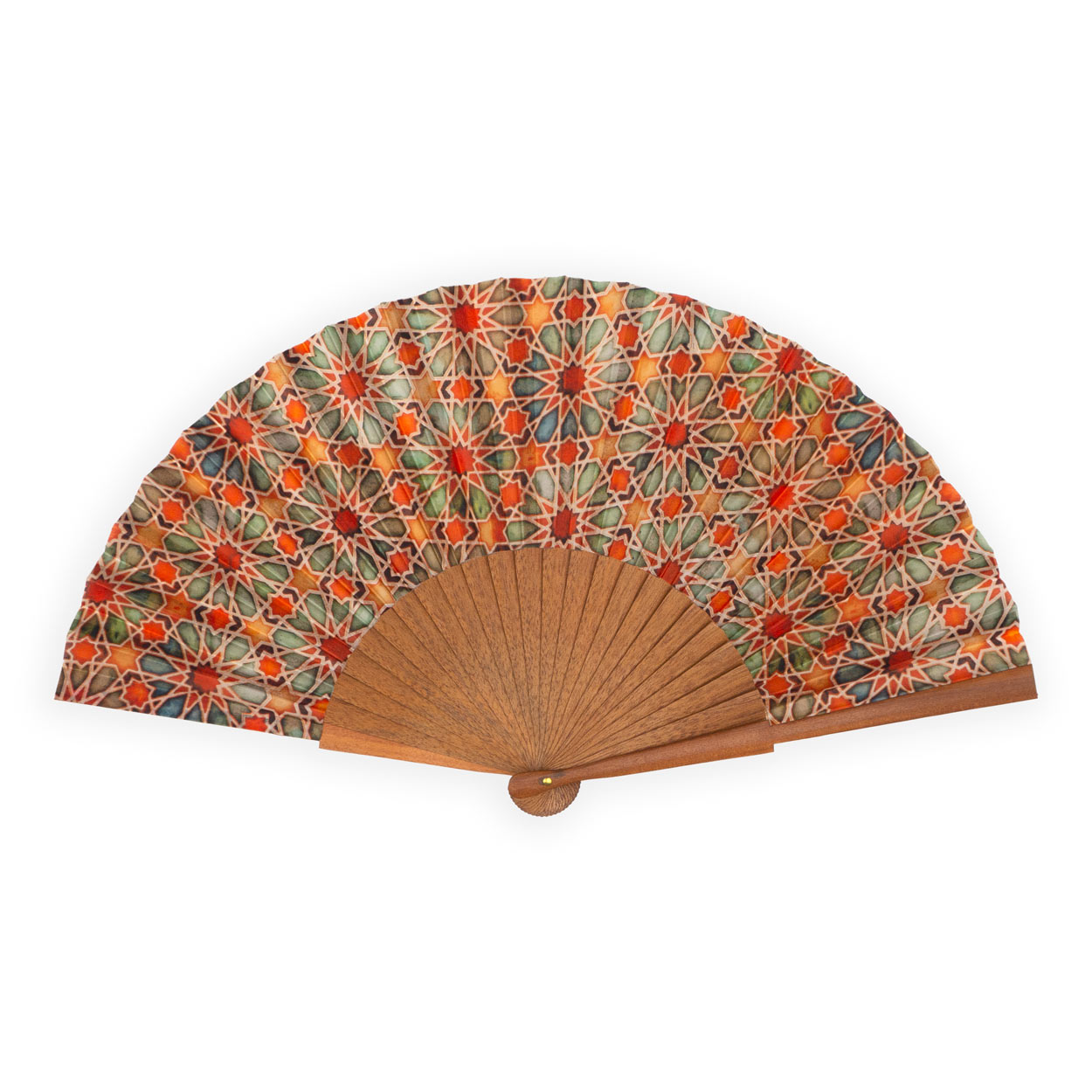 Orange silk fan with geometric design inspired by islamic art