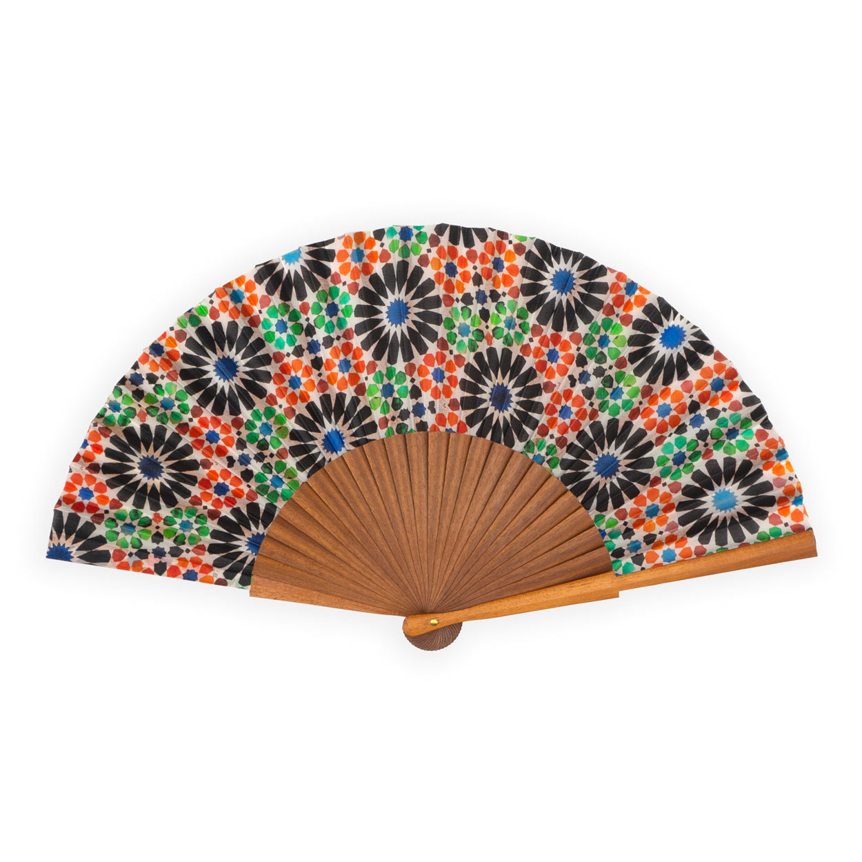 Multicolor silk fan inspired by the muqarnas from the Alhambra Palace of Granada