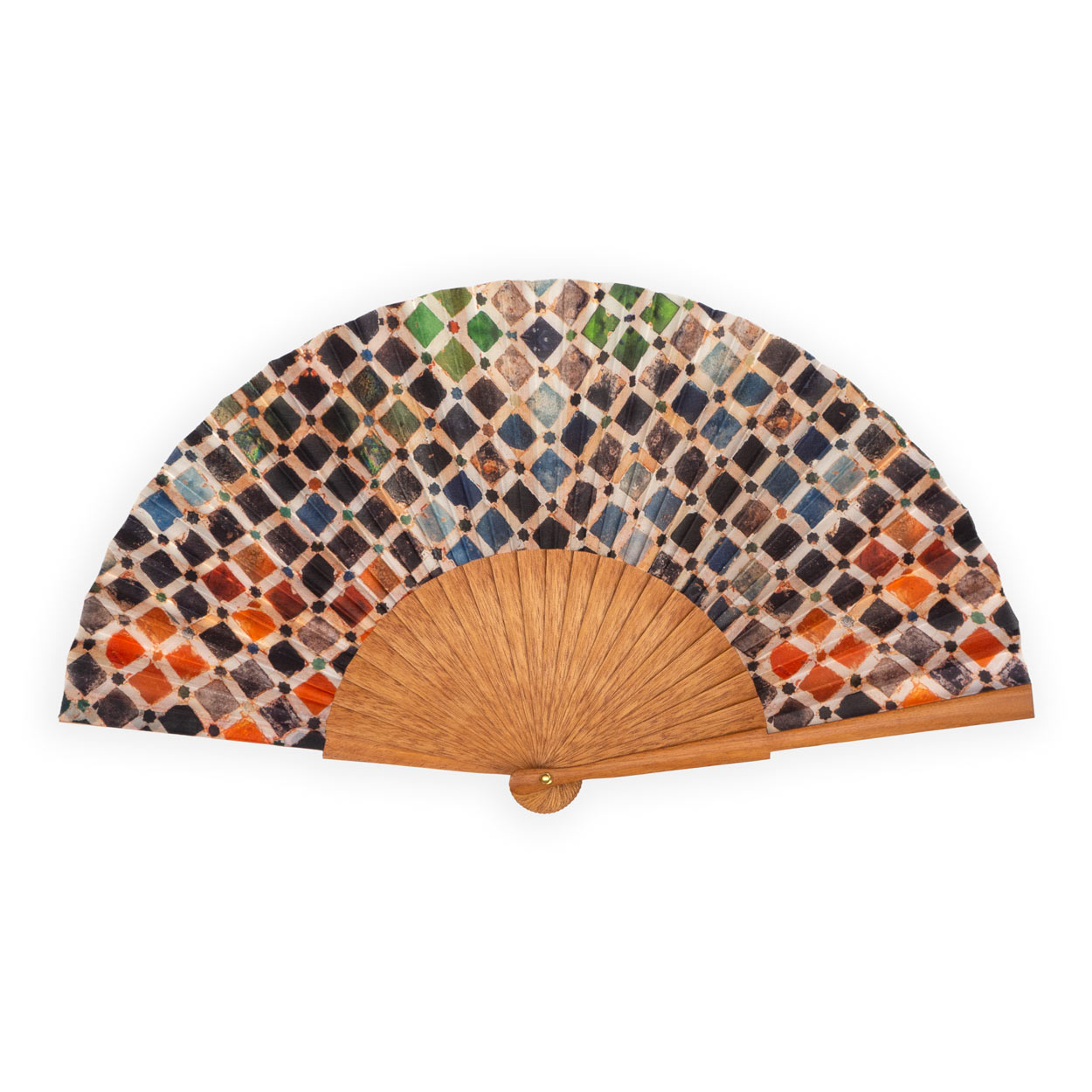 Multicolored silk fan inspired by the islamic art mosaic tiles from the alhambra of granada