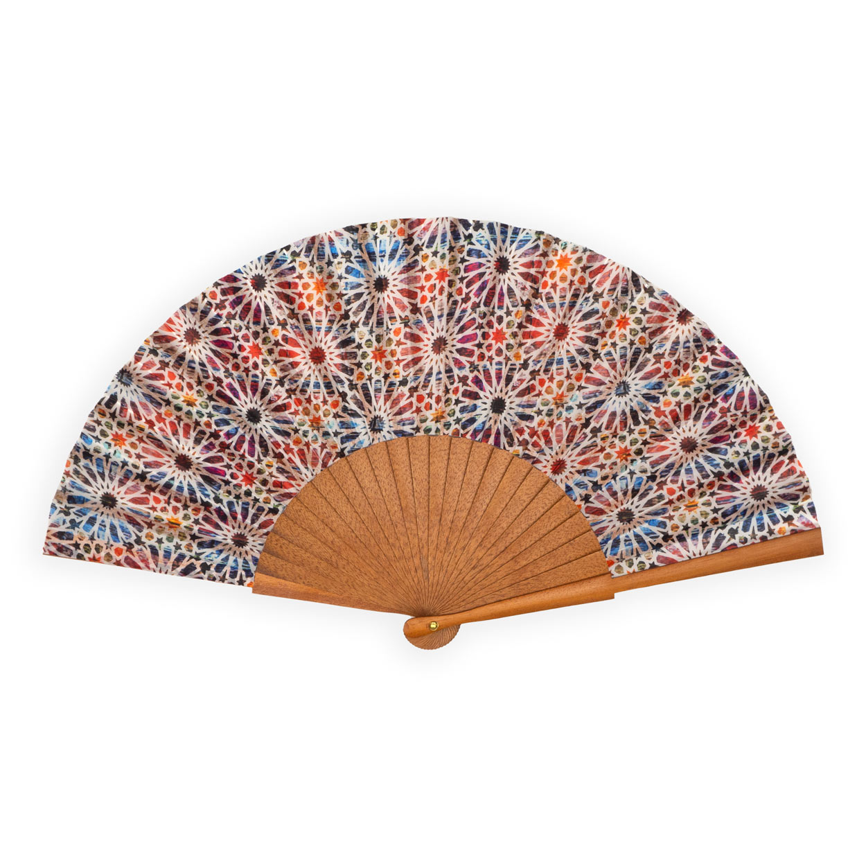 Colorful silk fan with wood handle and geometric print inspired by Andalusian Tiles