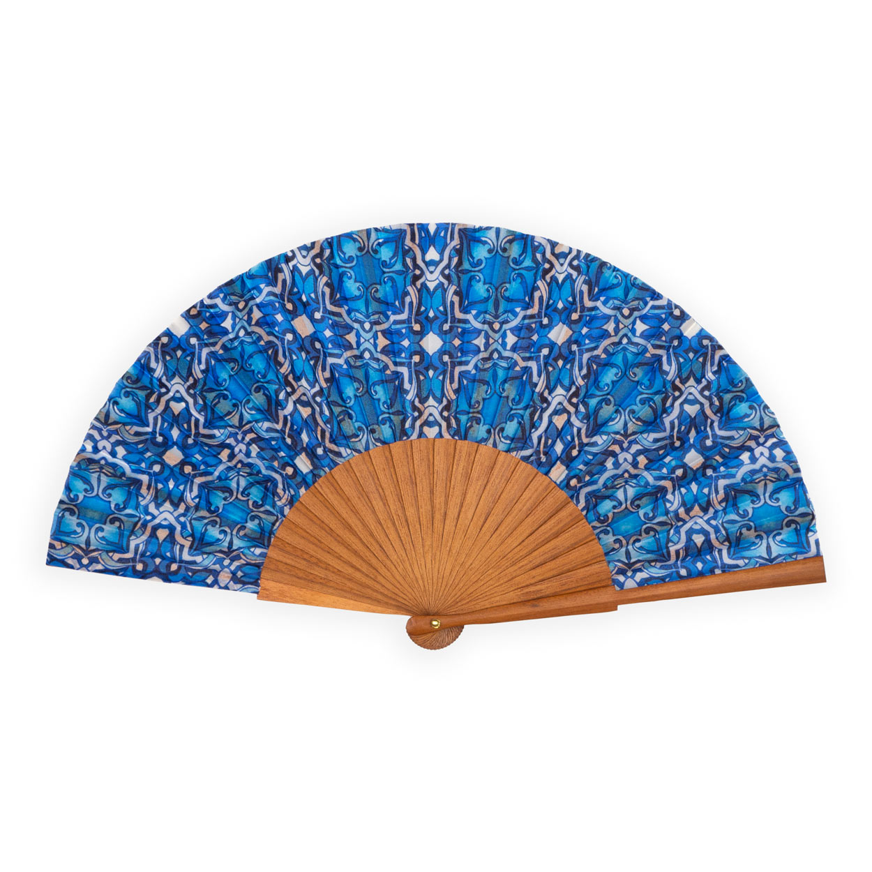 Blue silk and wood fan inspired by moroccan tiles from the Alhambra of Granada