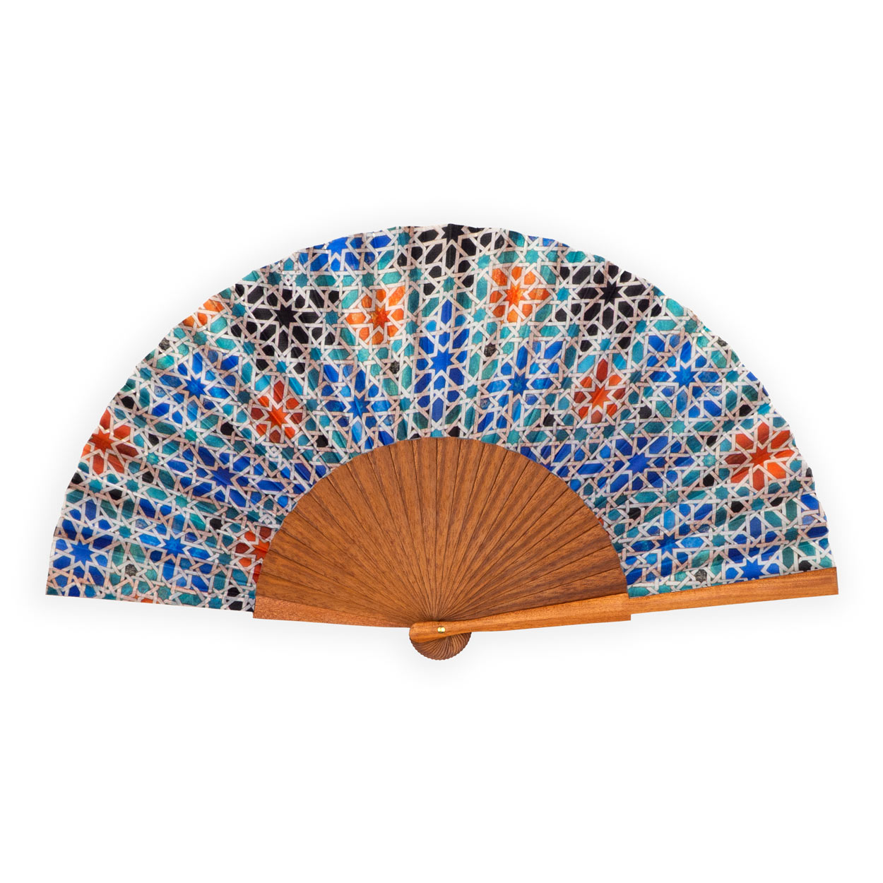 Multicolored silk fan inspired by Islamic art mosaic tiles