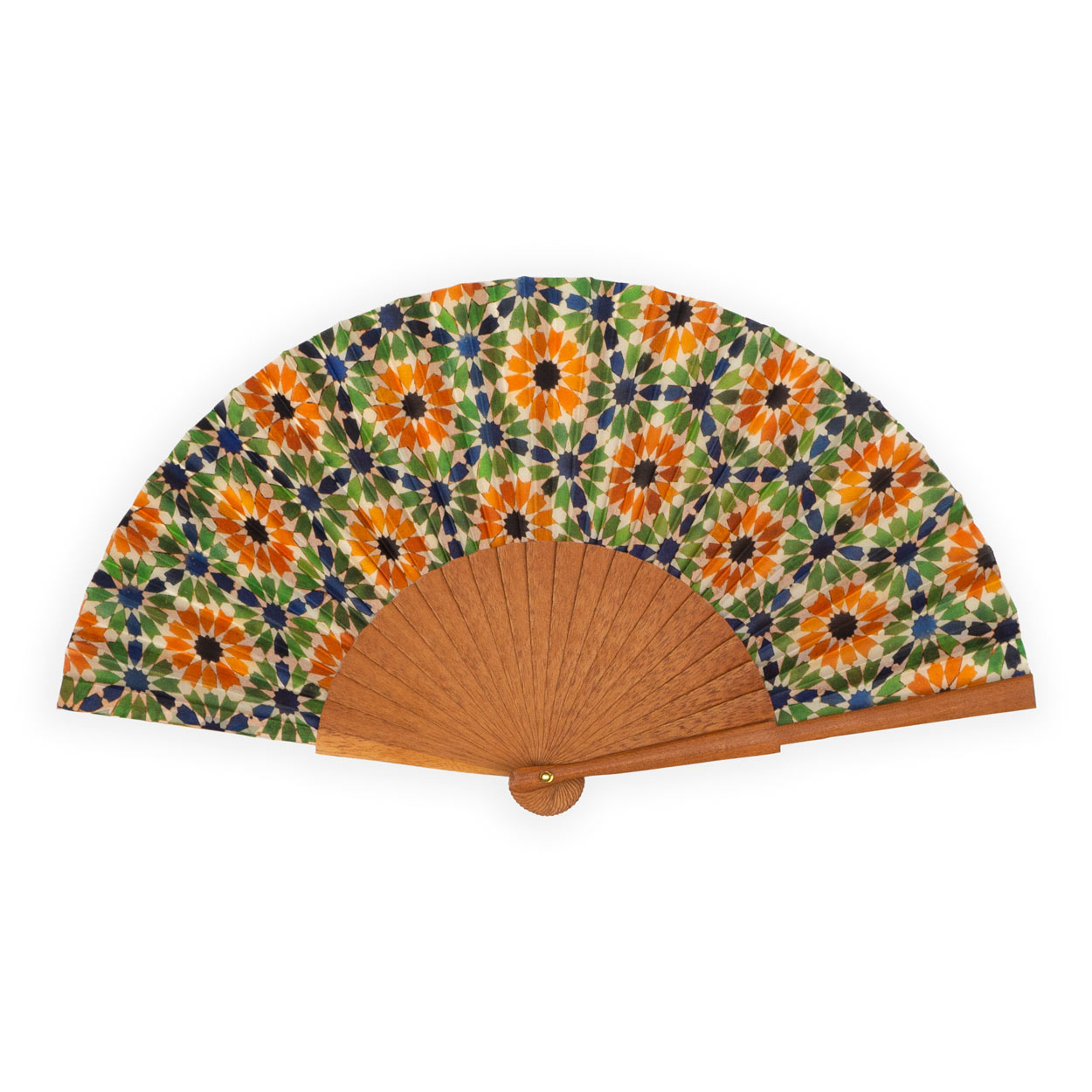 Andalusian tiles inspired silk fan with wood