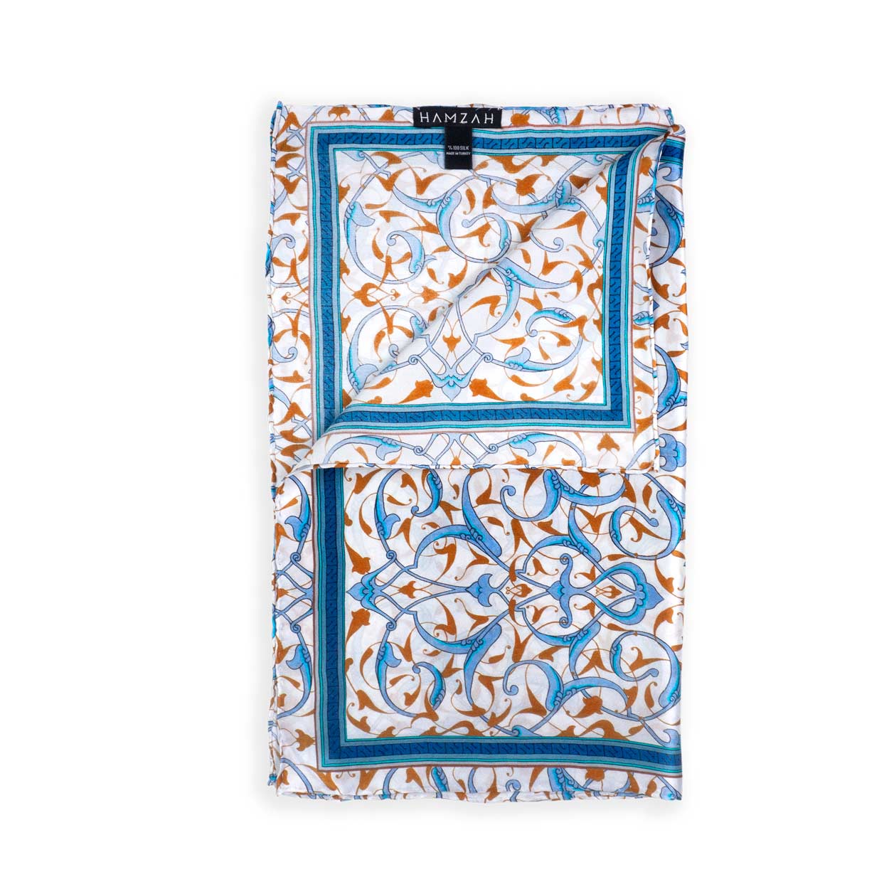 White and blue silk scarf with vegetal printing inspired by turkish art