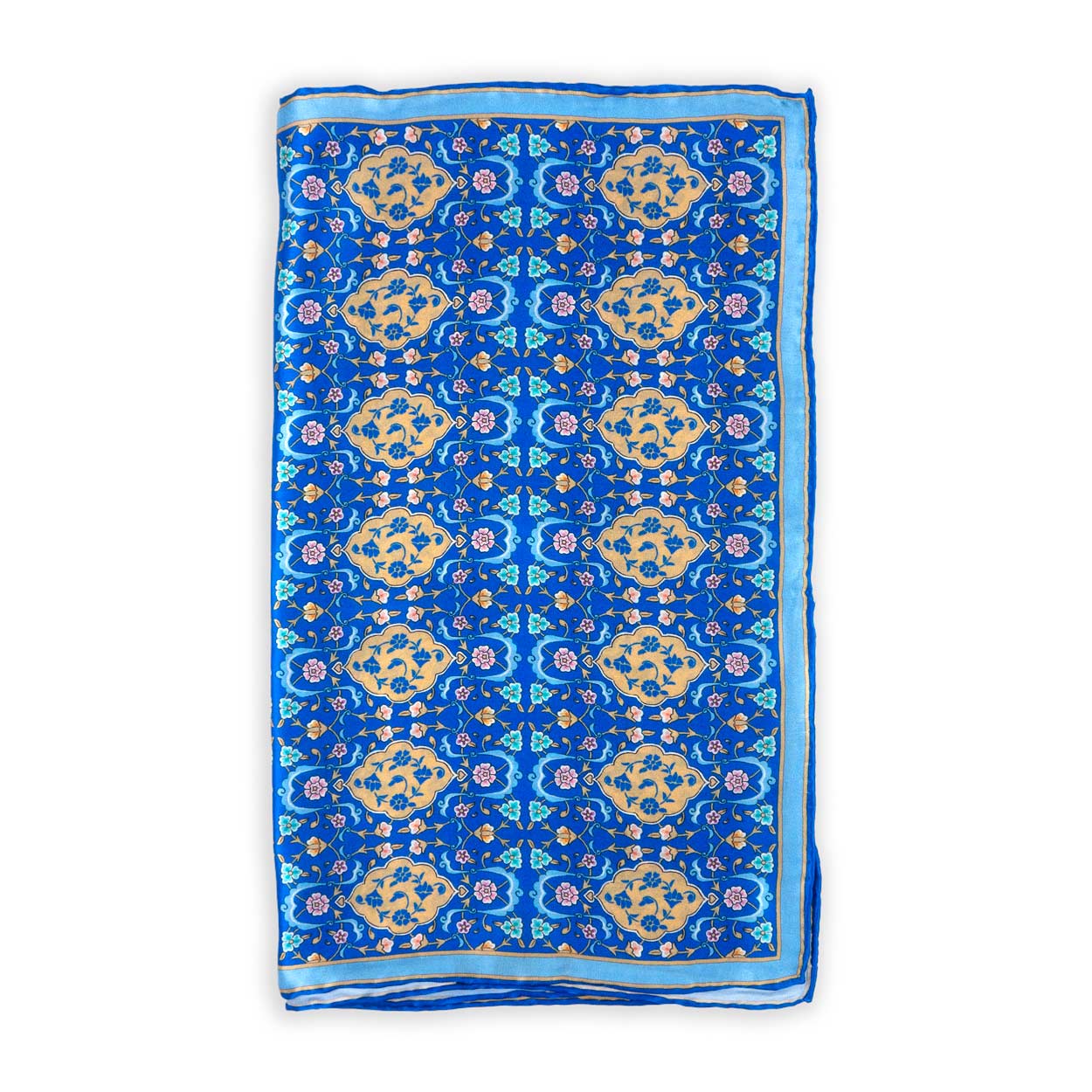 Blue silk scarf with oriental print inspired by Turkish Art