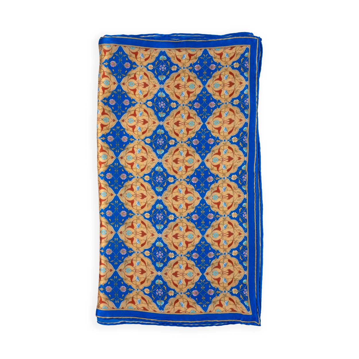 Blue and brown silk scarf with geometric print inspired by Ottoman art