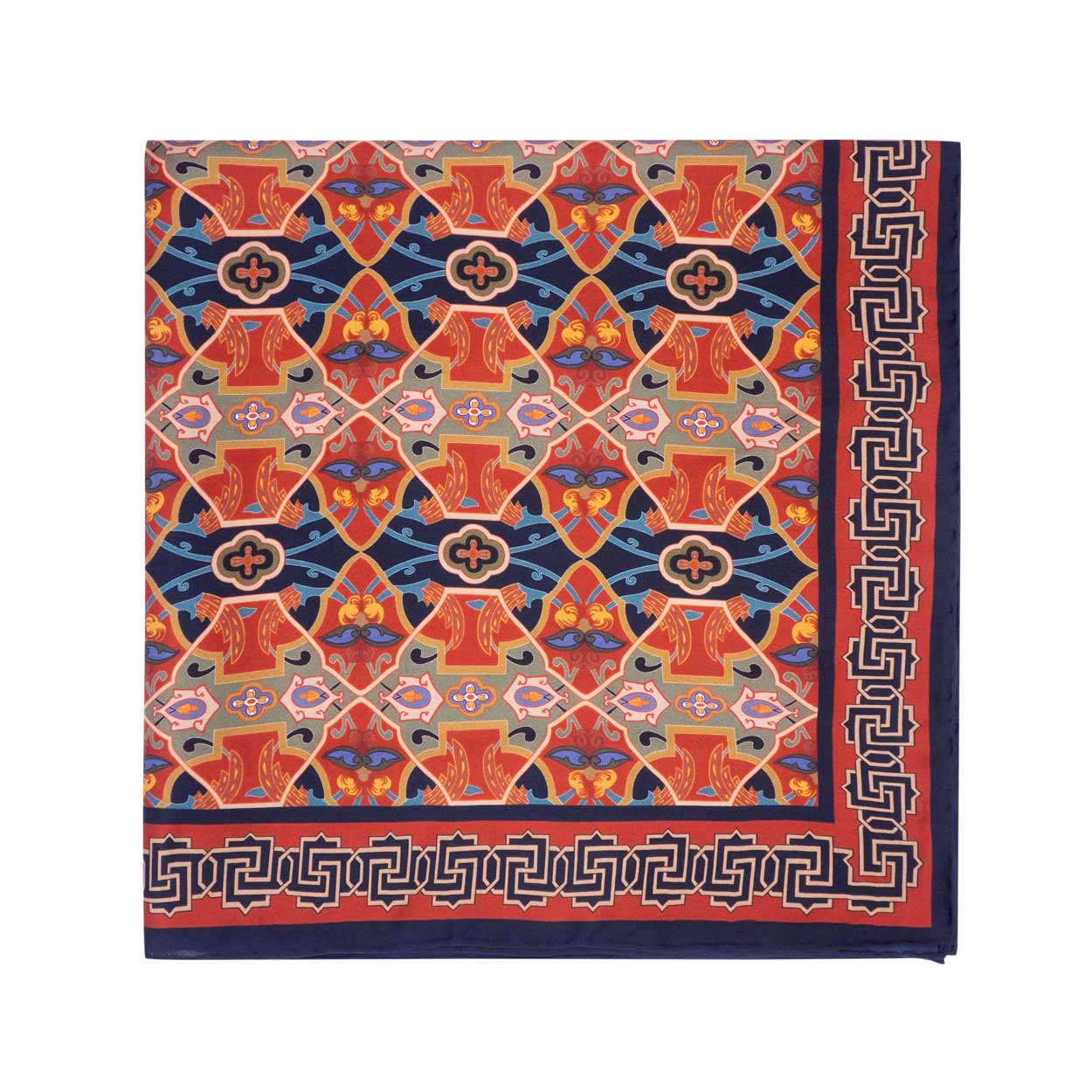 Navy blue and red silk scarf inspired by Islamic Art