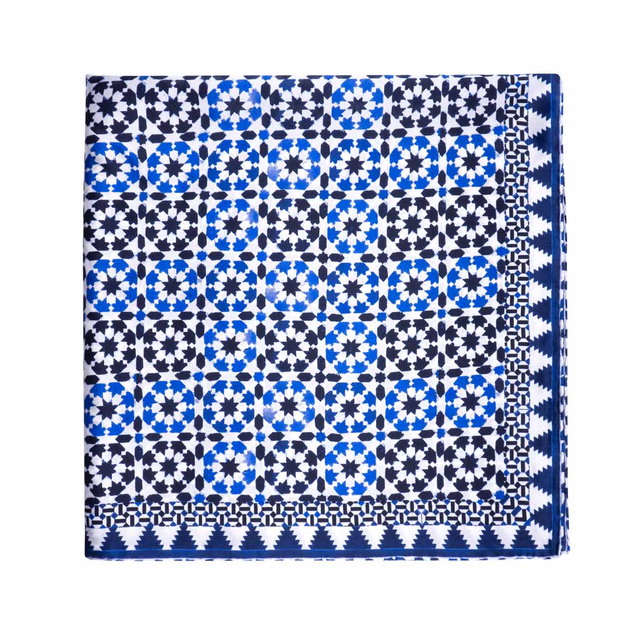 Blue square silk scarf inspired by geometric tiles from the Alhambra of Granada