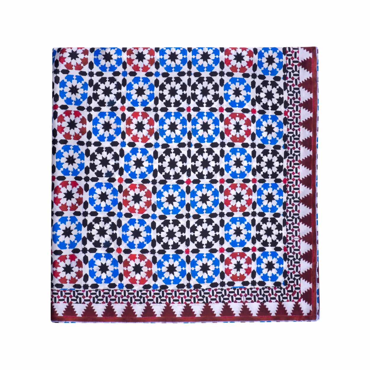 Red square silk scarf with blue hues inspired by Islamic Art