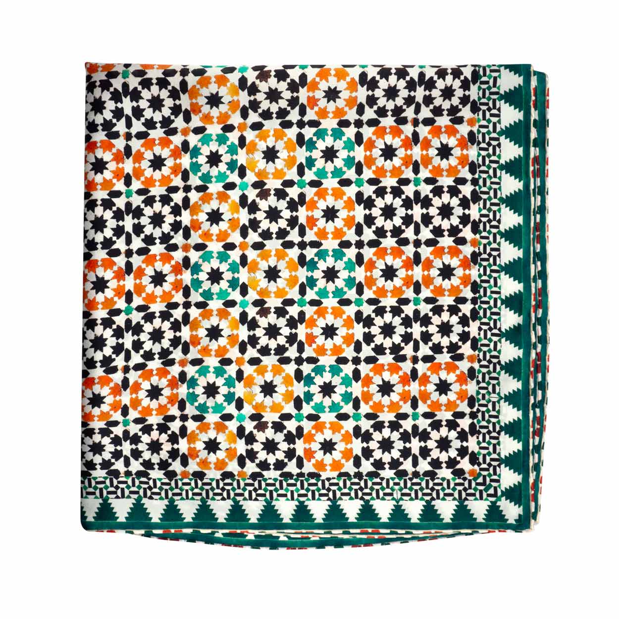 Green square silk scarf inspired by islamic art mosaic tiles